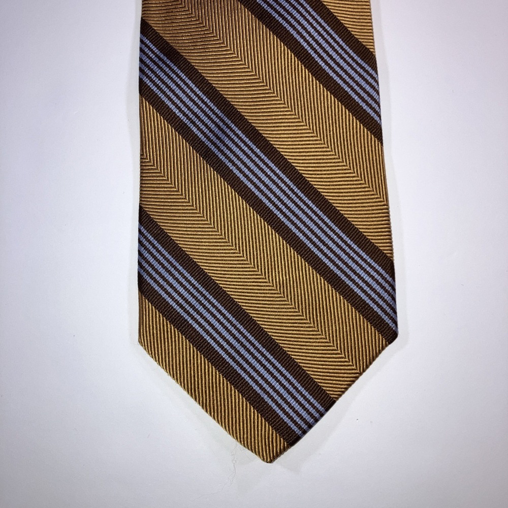 Robert Talbott Silk Tie Gold Brown Blue Repp Stripe USA Designer Classic